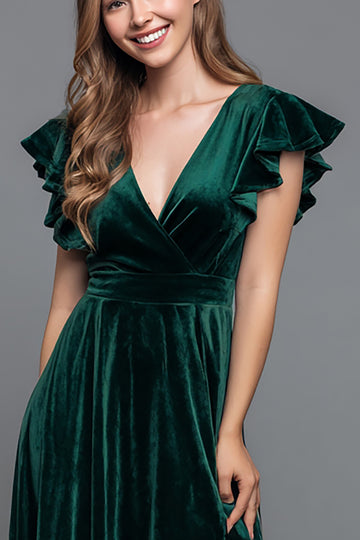 Dark Green A-Line V-Neck Velvet Holiday Party Dress With Slit
